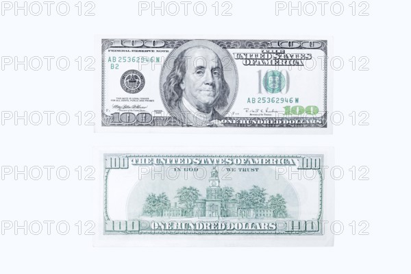 100 US dollar note, 100 dollar banknotes on white background