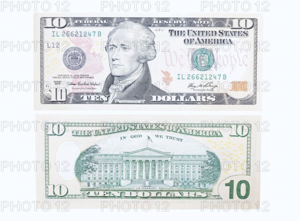 10 US dollar notes, 10 dollar banknotes on white background
