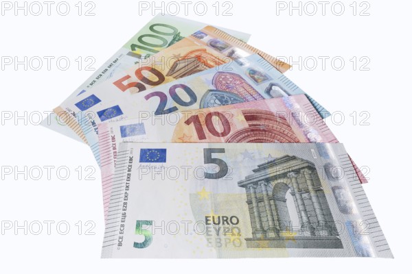 Various euro banknotes on white background, 5 euro, 10 euro, 20 euro, 50 euro, 100 euro
