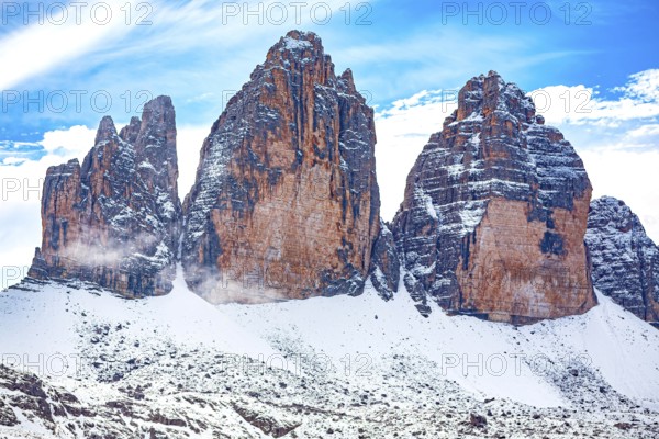 The Three Peaks in the Sesto Dolomites on the border between the provinces of Belluno in the south and South Tyrol, Italy