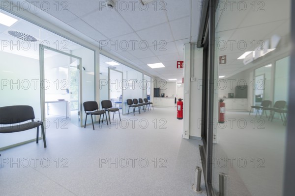 Corridor with several chairs for waiting room, modern design, Care Connect, vaccination kiosk for refugees, Calw, Germany