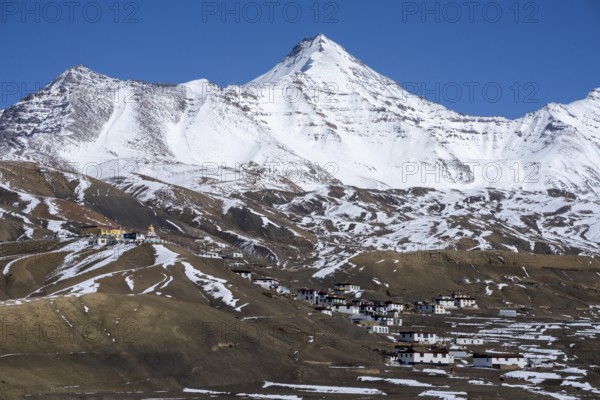 Langza, with snow-capped mountains in the background, Himalayas, Spitital, Kaza, Himachal Pradesh, India