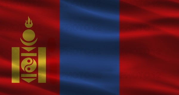 Mongolia flag with fabric texture. Realistic flag of Mongolia waving