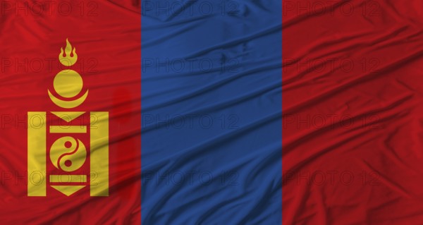 Close up of Mongolia flag waving. Flag of Mongolia with cloth texture