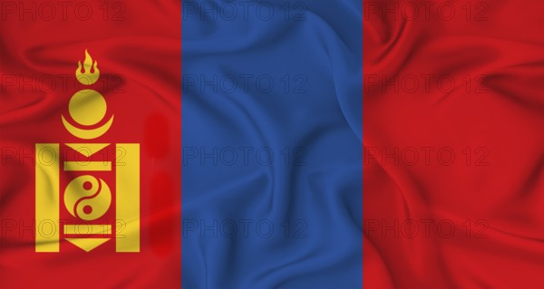 Realistic Mongolia flag waving. Close up of flag of Mongolia with cloth texture