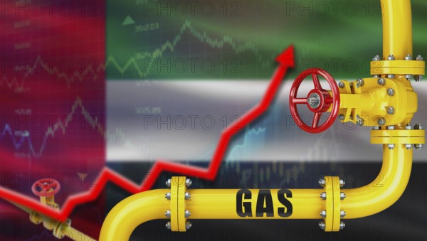 Gas pipeline with United Arab Emirates flag in background. Increase in gas production with United Arab Emirates flag, Concept