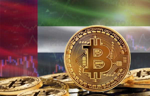 Investors in cryptocurrency and Blockchain Technology in United Arab Emirates, Concept. Bitcoin with United Arab Emirates flag in the background