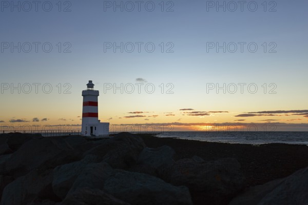Garður lighthouse, Gardur near Keflavík, sunset at the sea, Suðurnes, Sudurnes, Reykjanes peninsula, Iceland