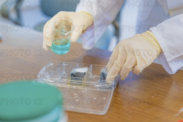 Laboratory environment with beaker and gloves while carrying out an experiment, Battery Research, Nagold, Germany