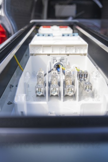 Close-up of electrical connections in a housing, assembly of a charging station for electric cars, Calw, Germany