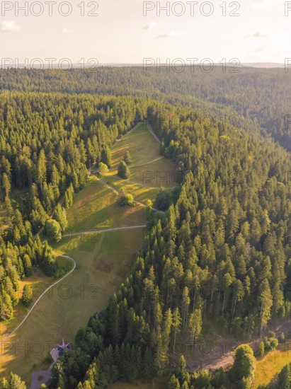 Panoramic view over a wooded landscape with light and shade, Retro Freizeitpark Poppeltal giant slide, Enzklösterle, Black Forest, Germany