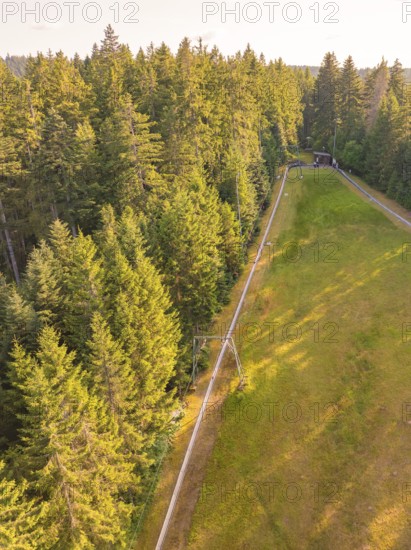 Wooden harrier in the forest with an elongated area along a winding path, Retro Freizeitpark Poppeltal Riesenrutschbahn, Enzklösterle, Black Forest, Germany