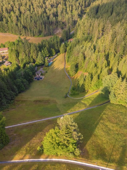 A bird's eye view of a forest landscape, interspersed with green trees and light, Retro Freizeitpark Poppeltal Riesenrutschbahn, Enzklösterle, Black Forest, Germany