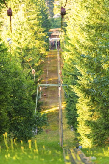 A ski lift running through a dense, green forest, surrounded by trees in the summer light, Retro Freizeitpark Poppeltal Riesenrutschbahn, Enzklösterle, Black Forest, Germany