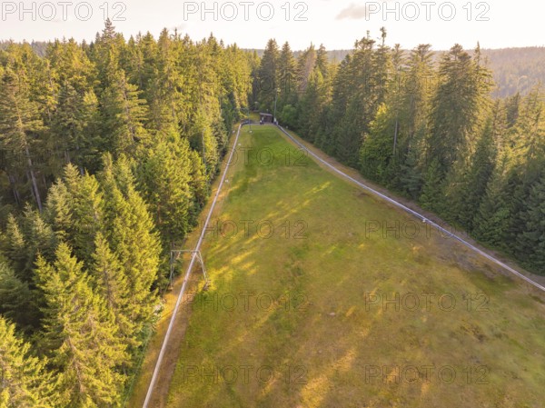 Green slope on the edge of the forest under a clear sky, with gentle paths, Retro Freizeitpark Poppeltal giant slide, Enzklösterle, Black Forest, Germany