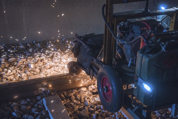 A machine that sprays sparks and works on ballast between rails. A dynamic and industrial feeling is conveyed, grinding work on the Hermann Hesse railway, Ostelsheim, district of Calw, Germany