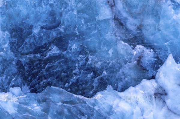 Blue ice structure of Fjortende Julibreen, 14th of July Glacier calving into Krossfjorden, Haakon VII Land, Spitsbergen, Svalbard, Norway