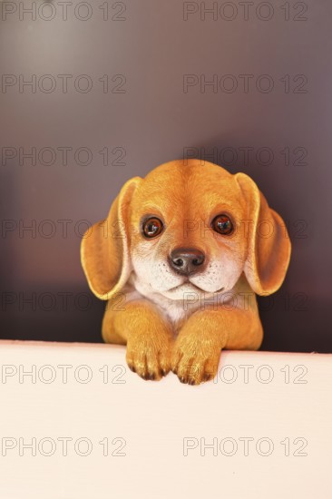 Dog, looking over a bench, figure in a garden, Wilnsdorf, North Rhine-Westphalia, Germany