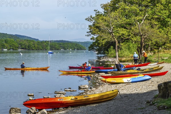 Kayaks and Boats on Windermere Lake, Fell Foot Park, Lake District, Cumbria, England, United Kingdom