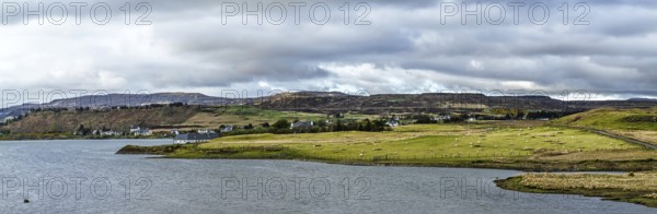 Panorama of Farms over Loch Harport, Drynoch, Isle of Skye, Scotland, UK