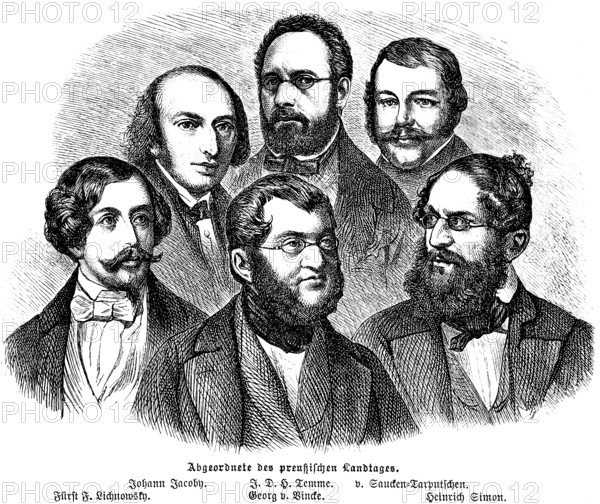 Members of the Prussian Parliament, Johann Jacoby, J.D.H. Temme, von Saucken-Tarputschen, Prince F. Lichnowsky, Georg von Bincke, Heinrich Simon, politician, portrait, Prussia, historical illustration 1896