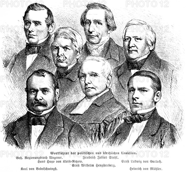 Leaders of the political and ecclesiastical reaction, Privy Councillor Wagener, Friedrich Julius Stahl, Hugo von Kleist-Retzow, Ernst Ludwig von Gerlach, Ernst Wilhelm Hengstenberg, von Bodelschwigh, H. von Mühler, portrait, Prussia, historical illustration 1896