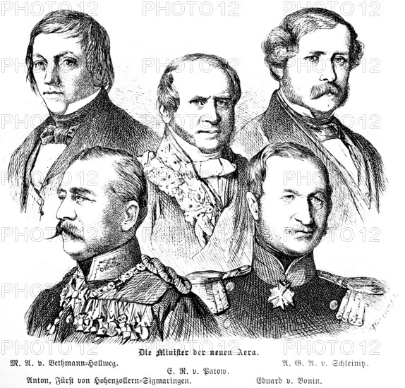 The ministers of the new era, von Bethmann-Hollweg, Foreign Office von Schleinitz, Finance Minister von Patow, Minister of Culture and Education Anton Prince von Hohenzollern, Sigmaringen, Eduard von Bonin, portrait, Prussia, historical illustration 1896