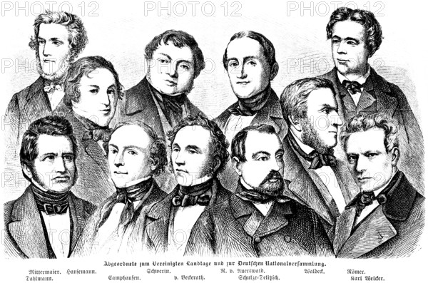 Members of the United State Parliament and the Prussian National Assembly, front row from left: Dahlmann, Ludolf Camphausen, von Beckerath, founder of the co-operative Hermann Schulze-Delitzsch, Karl Welcker, Prussia, portrait, historical illustration 1896