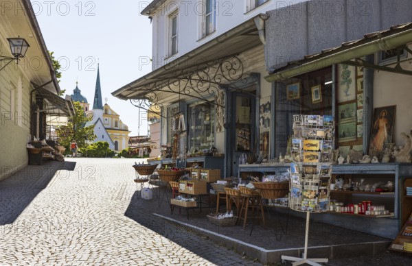 Souvenir shops at Kapellplatz, place of pilgrimage, Altötting, Upper Bavaria, Bavaria, Germany