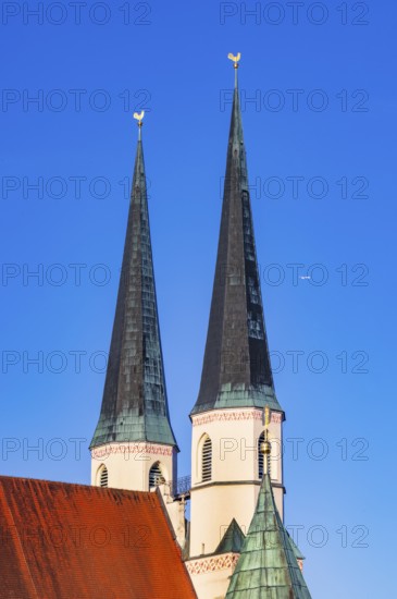 Church towers of the Stiftspfarrkirche Sankt Philippus und Jakobus am Kapellplatz, place of pilgrimage, Altötting, Upper Bavaria, Bavaria, Germany