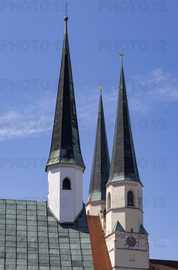 Church towers of the Chapel of Grace and the collegiate parish church of St Philip and St James on Kapellplatz, place of pilgrimage, Altötting, Upper Bavaria, Bavaria, Germany