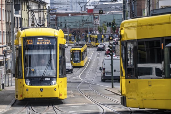 Ruhrbahn tram, on Altendorfer Straße, intersection Helenenstraße, in Essen, rush hour, traffic, Essen, North Rhine-Westphalia, Germany