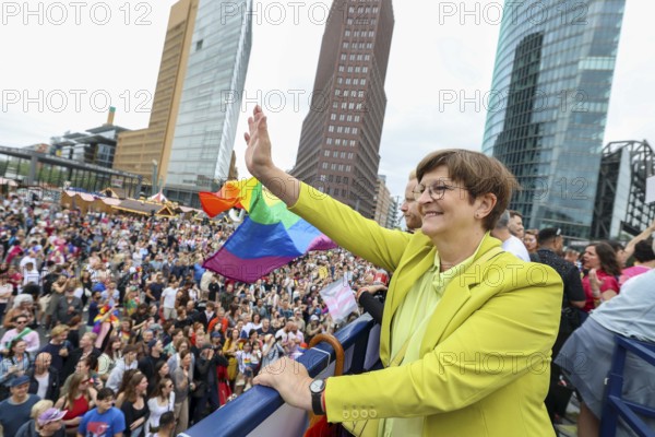 Saskia Esken (former SPD party chairwoman) on one of the floats at the 47th Christopher Street Day under the motto Never again silent in Berlin on 26 July 2025