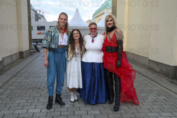Mats Visser (Romeo), Celina dos Santos (Juliet), Steffi Irmen (Nurse) and Marcella Rockefeller, performers from the Theater des Westens at the 47th Christopher Street Day under the motto Never Again Silent in Berlin on 26 July 2025