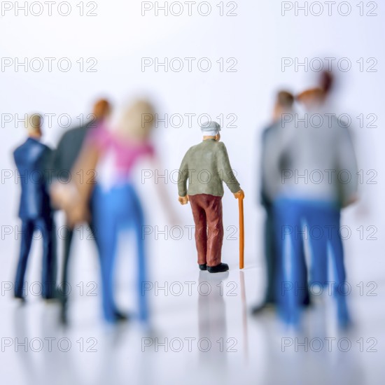 A group of diverse individuals stands behind an elderly man with a cane, who is walking forward, emphasizing the importance of community support for aging populations