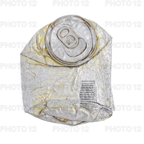 A crumpled aluminum can lies on a clean, white surface, displaying various textures and wear. The silver color catches the light, highlighting its unique details