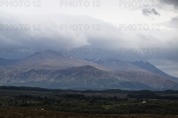 Nevis Range Mountains from Commando Memorial, Grampian Mountains, Fort William, Highland, Lochaber, Scotland, UK