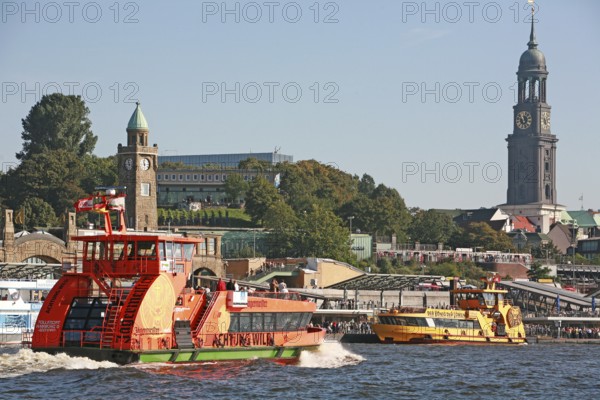 Landungsbrücken, Hamburg harbour, Hafen-City, St. Michaelis church in the background, Hamburg, Germany