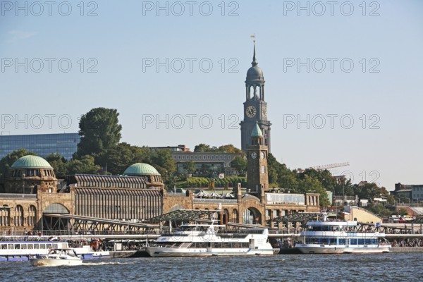 Hamburg harbour, Hafen-City, in the background St. Michael's Church, Hamburg, Germany