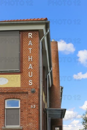 New town hall in the former Kindler corset factory, former Gotthold Kindler and Cie. corset factory, factory building, former textile industry, brick, building, lettering, fireplace, chimney, Gomaringen, district of Tübingen, Baden-Württemberg, Germany