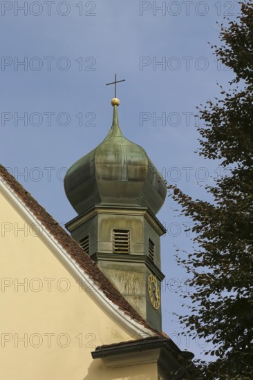 Chapel of St Wolfgang Oberuhldingen, built in 1711, onion dome, church tower, clock, sacred building, cross, district of Oberuhldingen, municipality of Uhldingen-Mühlhofen, Lake Constance district, Baden-Württemberg, Germany