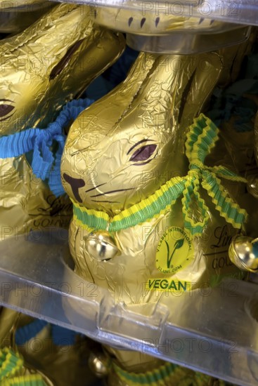 Chocolate bunny chocolate Easter bunny with button marking VEGAN award made from vegan chocolate, international