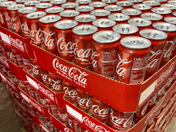 Pallet with cans drinking cans beverage cans of soft drink Coca-Cola Coke Coca Cola, Germany