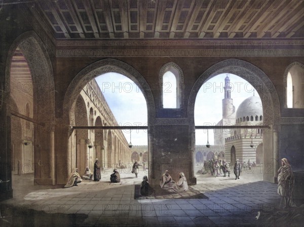 The Ibn Tulun Mosque is the largest mosque in Cairo and is considered the oldest mosque in the city preserved in its original form, Egypt, authentic reproduction of a school mural, historic, around 1900
