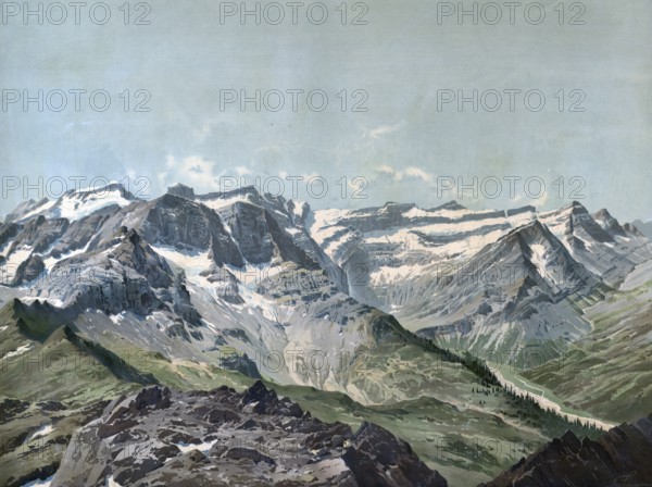 Monte Perdido, the Lost Mountain is the third highest mountain in the Pyrenees with a height of 3355 meters and the Cirque de Gavarnie, a rock basin in the Pyrenees National Park, Spain, authentic reproduction of a school mural, historic, around 1900