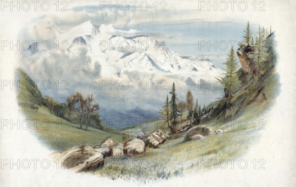Mont Blanc on the border between France and Italy is the highest mountain in the Alps at 4805, 59 m altitude, authentic reproduction of a school mural, historic, around 1900