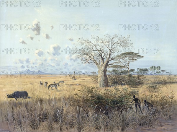 Masai Steppe and Kilimanjaro, Tanzania, Kenya, authentic reproduction of a school mural, historic, around 1900