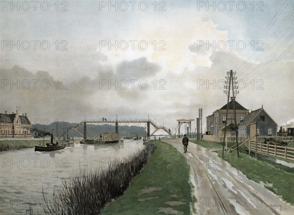 Merwede Canal, a canal in the Dutch province of Utrecht between the city of Utrecht and the Merwede, authentic reproduction of a school mural, historic, around 1900