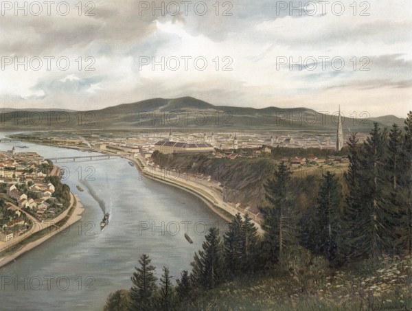 View of Linz and the Danube, Upper Austria, Austria, authentic reproduction of a school mural, historical, around 1900