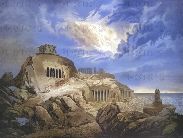 Temple district of Mahabalipuram, World Heritage Site in India, comprises various buildings and works of art from the Pallava period in Mamallapuram in the state of Tamil Nadu in southeast India, India, authentic reproduction of a school mural, historic, around 1900